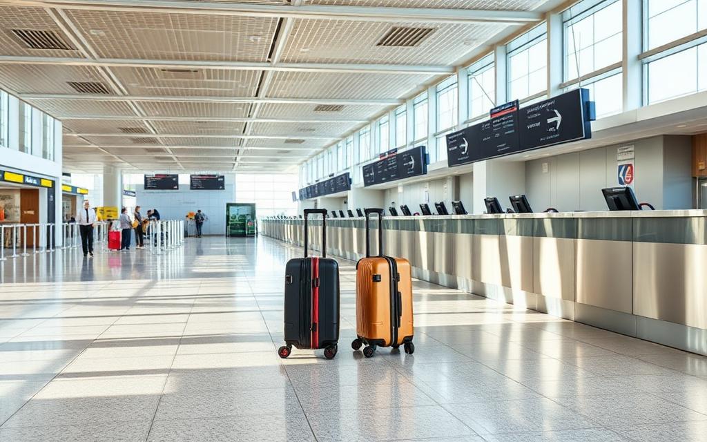 Família com bagagem em terminal de aeroporto