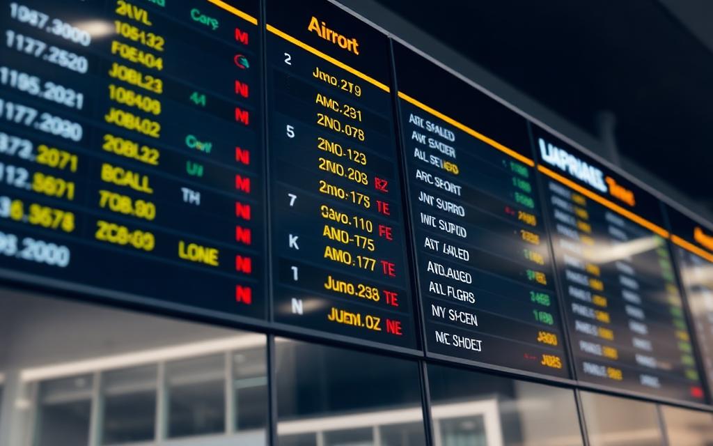 Painel de voos de aeroporto com destinos e horários