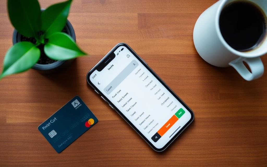 Pessoa usando aplicativo de banco no celular com cartão na mão
