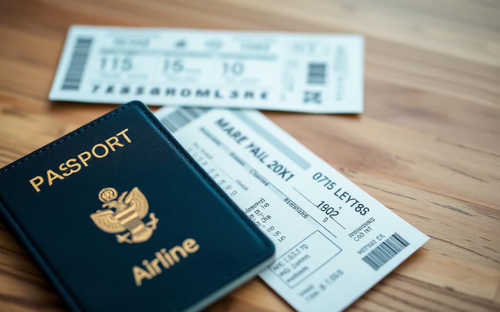 Passaporte e cartões de embarque sobre mesa de madeira
