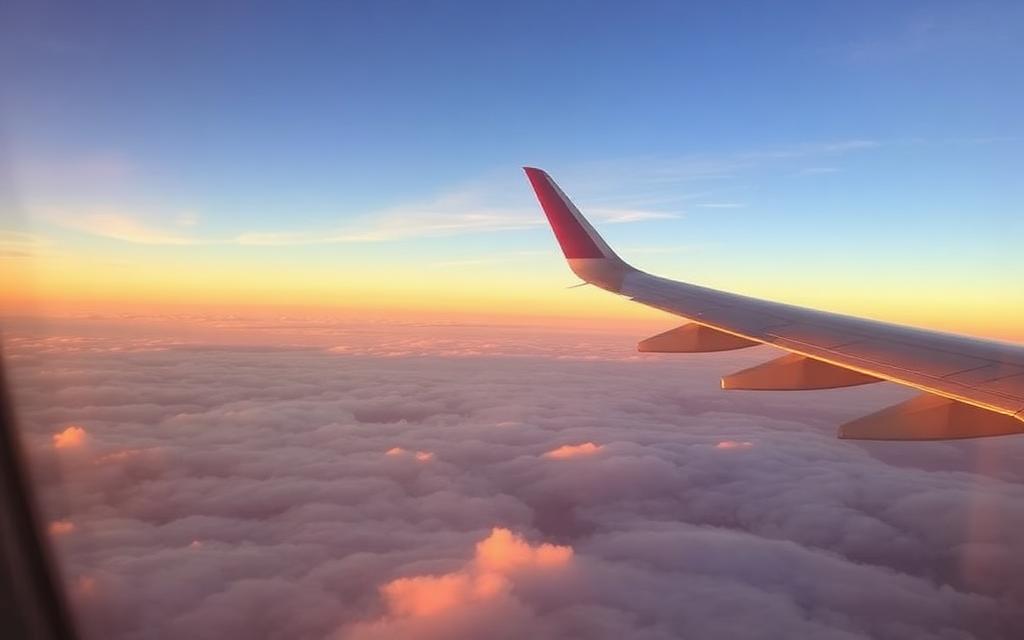 Asa de avião acima das nuvens ao pôr do sol