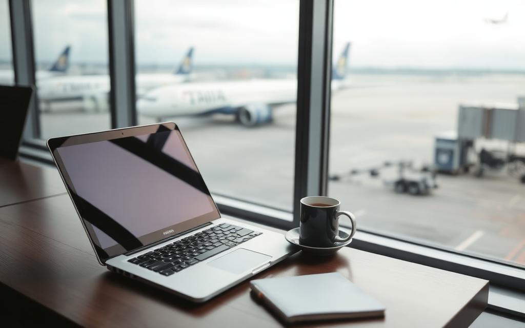 Homem de terno trabalhando no notebook em sala vip de aeroporto