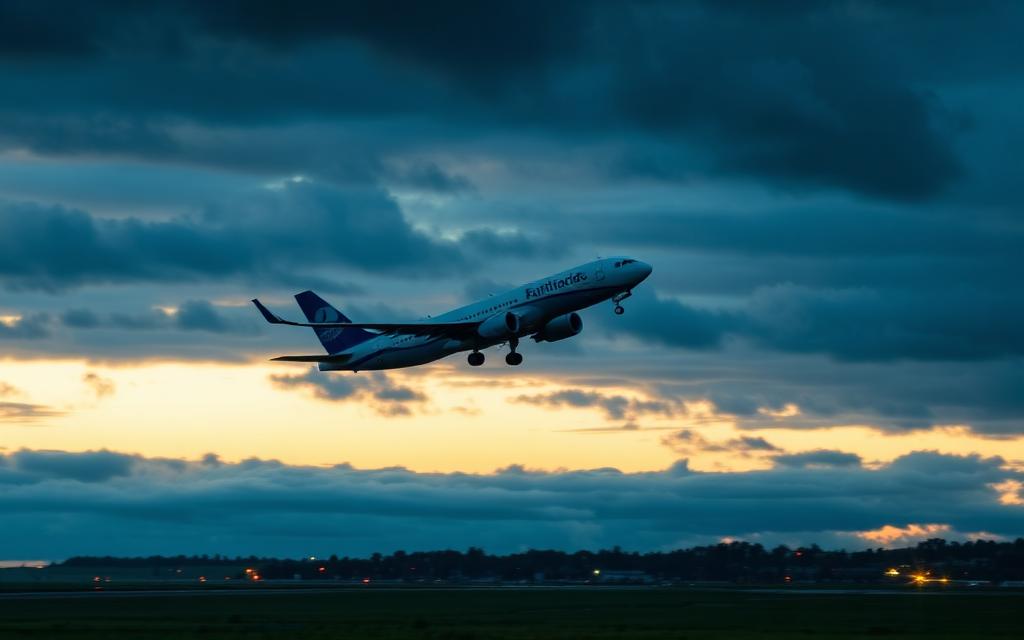 Avião decolando da pista ao amanhecer